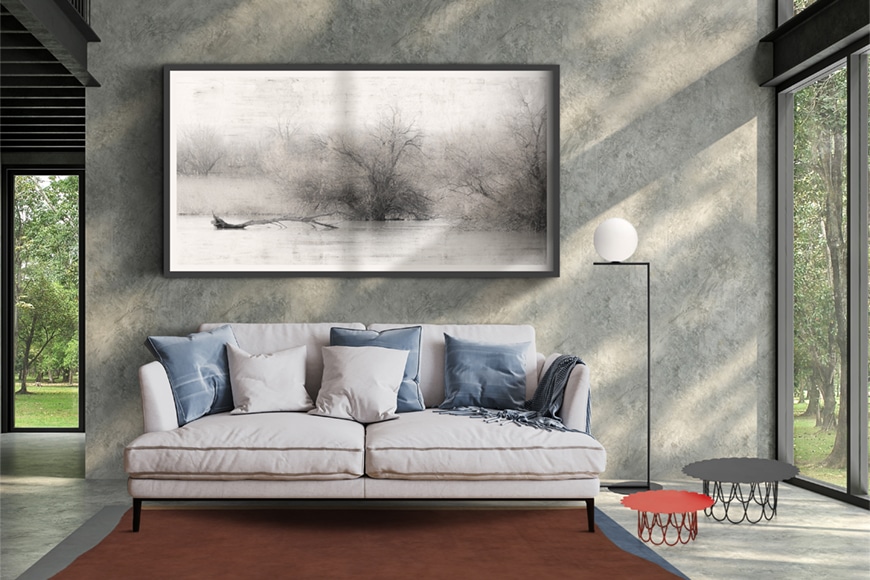 Sala de estar con un cuadro enmarcado en gran formato con fotografía minimalista de naturaleza