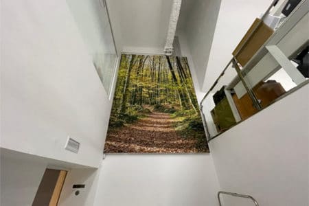 Imagen de naturaleza en la pared de una escalera