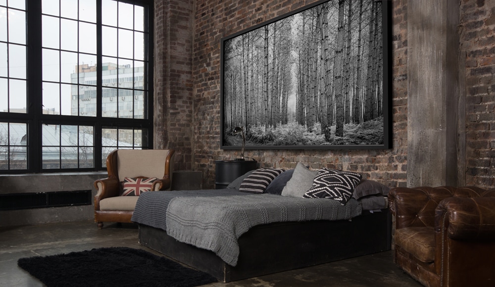 Foto gigante de un bosque en blanco y negro en la pared de un dormitorio