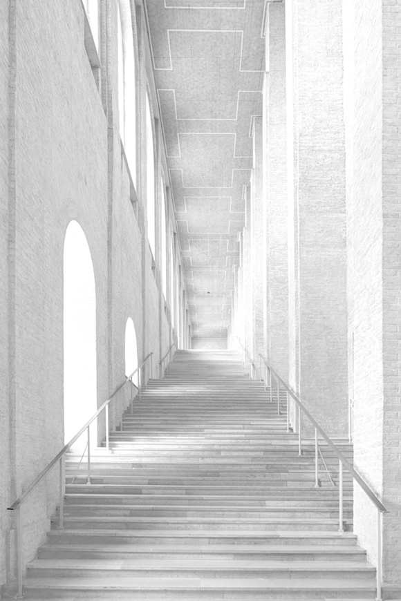 Imagen en blanco y negro de la escalera de la Alte Pinakothek de Munich