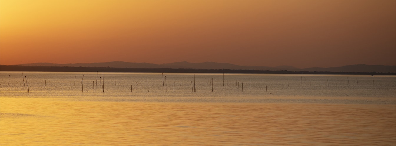 fotografía de un lago al atardecer con tonos naranjas